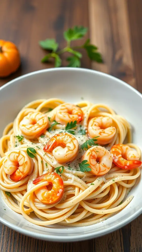 A bowl of creamy seafood pasta topped with shrimp and garnished with parsley.