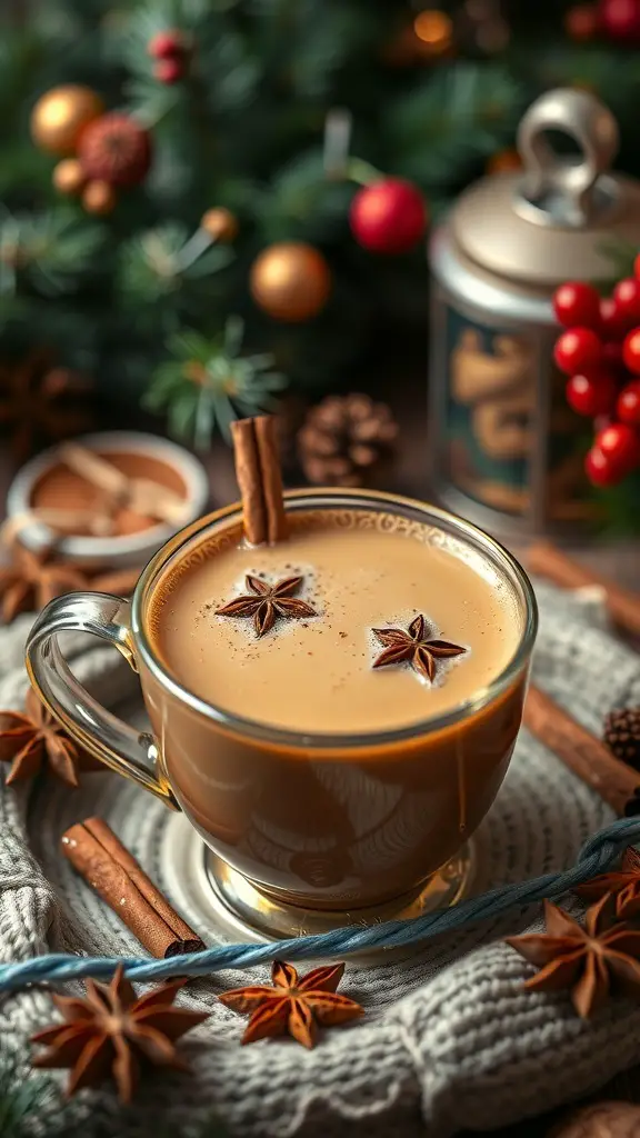 A cozy cup of Holiday Spiced Chai Latte surrounded by festive decorations.