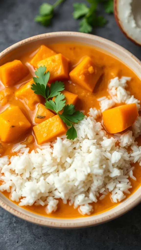 A bowl of spicy butternut squash curry with rice, garnished with cilantro.