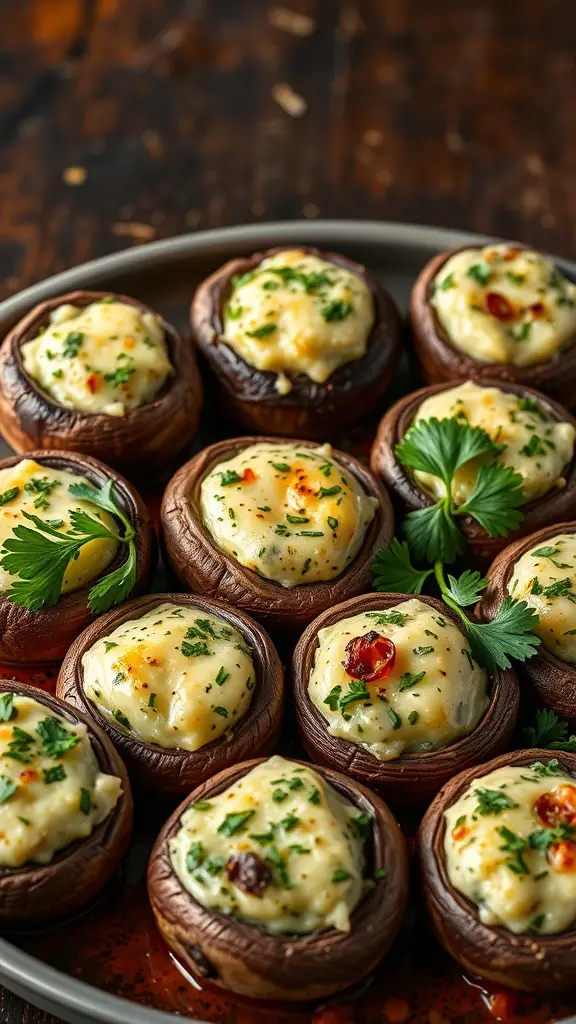 A tray of savory stuffed mushrooms topped with creamy filling and herbs.