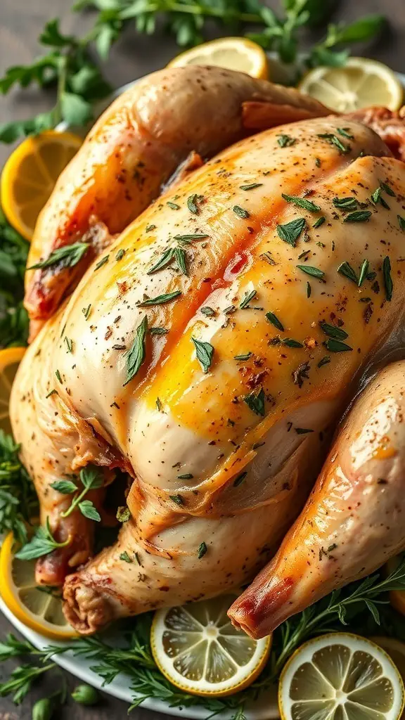 A beautifully roasted turkey garnished with herbs and lemon slices.