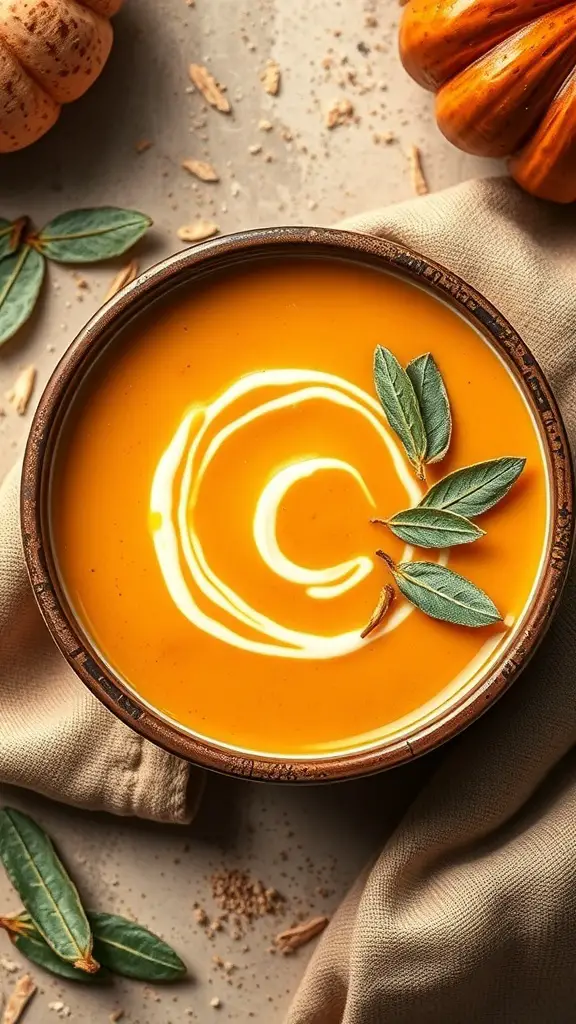 A bowl of pumpkin soup garnished with sage leaves, surrounded by a pumpkin and fabric.