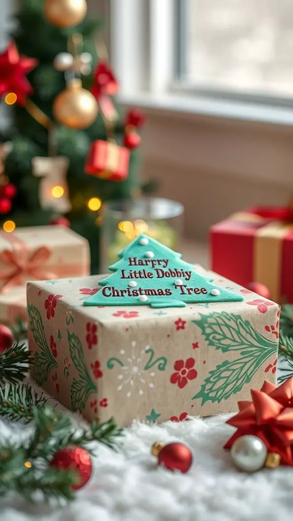 A beautifully wrapped gift box with a Little Debbie Christmas Tree Cake on top, surrounded by holiday decorations.