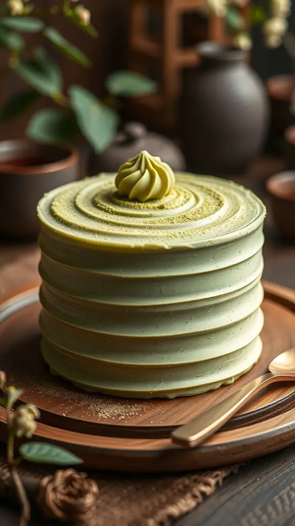 A layered matcha green tea cake with smooth green frosting, elegantly decorated with a swirl on top.