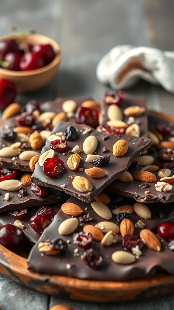 Cherry Almond Dark Chocolate Bark with cherries and almonds on a wooden plate