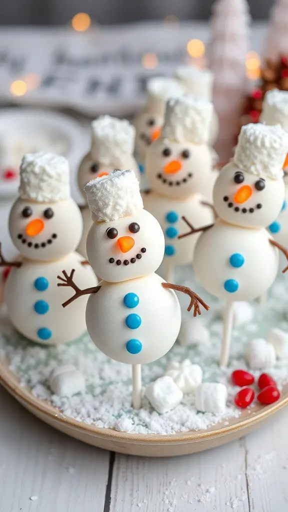 A plate of cute marshmallow snowman cake pops decorated with candy buttons and chocolate eyes.