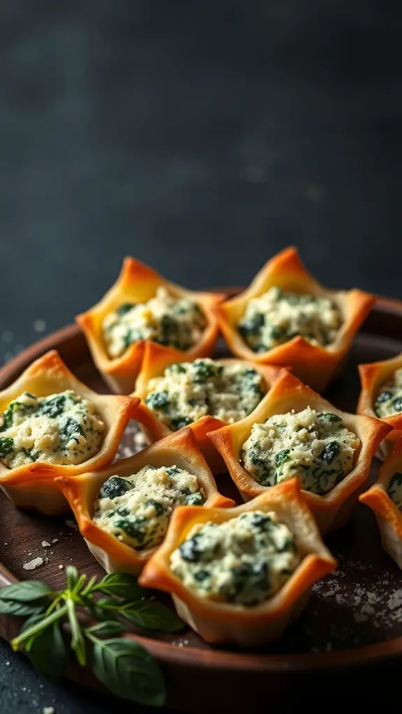 A plate of spinach and artichoke dip cups, golden and filled with creamy mixture.