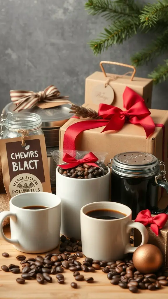 A cozy coffee-themed holiday setup with coffee cups, beans, and wrapped gifts