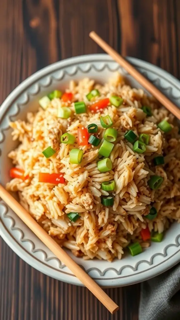 A bowl of turkey fried rice with vegetables, garnished with green onions and red bell peppers.