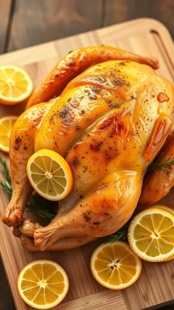 A roasted turkey with lemon slices on a wooden cutting board