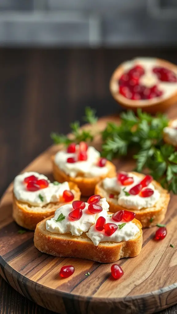 Toasted bread topped with goat cheese and pomegranate seeds on a wooden platter.