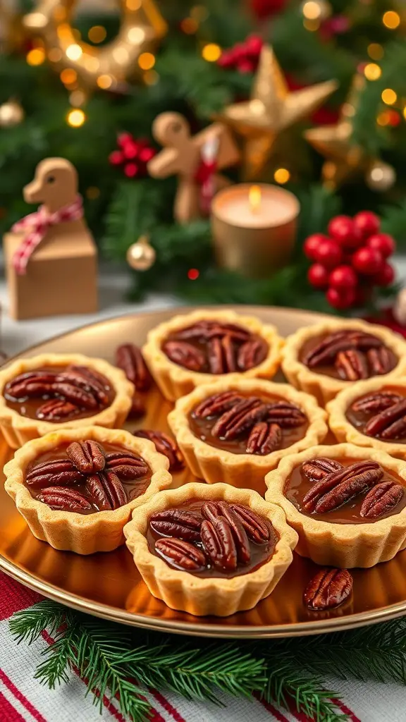 A plate of caramel pecan tarts decorated for Christmas