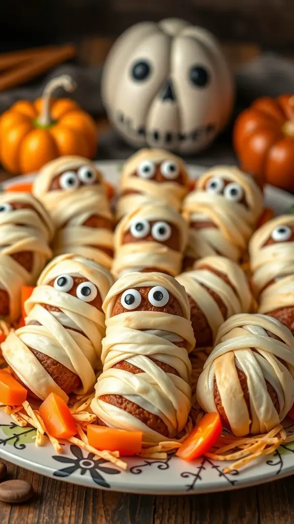A platter of mummy meatballs wrapped in dough with candy eyes, surrounded by pumpkins and festive decorations.