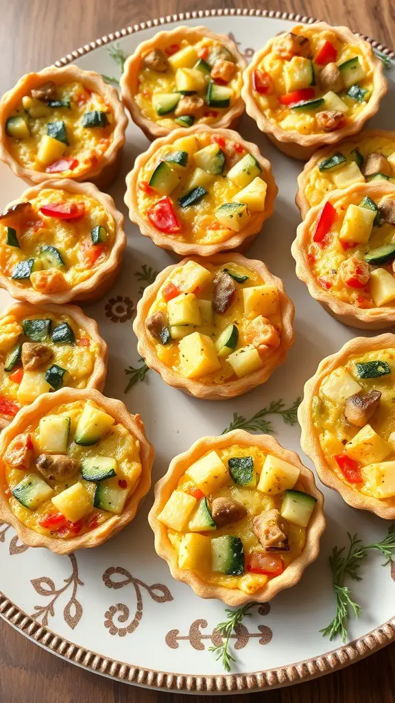 A platter of mini quiches filled with seasonal vegetables, showcasing a variety of colors and textures.