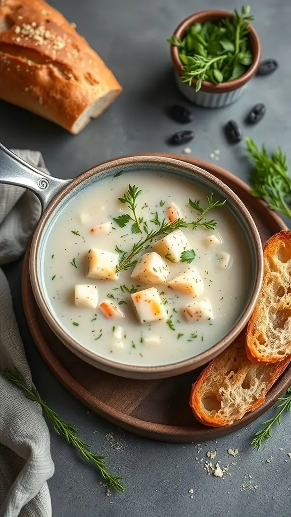 A bowl of herbed crab chowder with fresh herbs and crusty bread on the side.