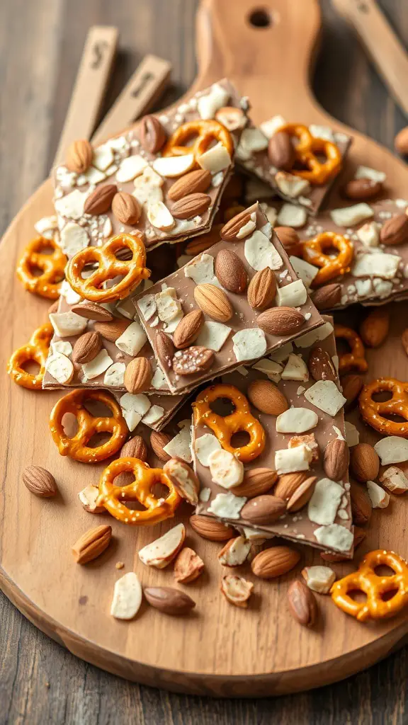 Almond bark with pretzel crunch on a wooden board