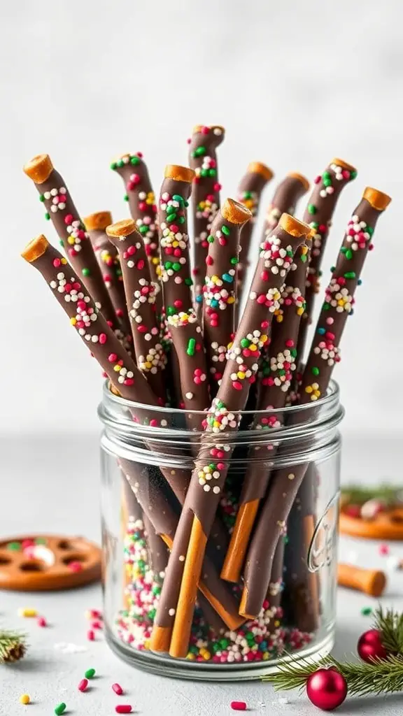A jar filled with chocolate dipped pretzel rods decorated with colorful sprinkles.