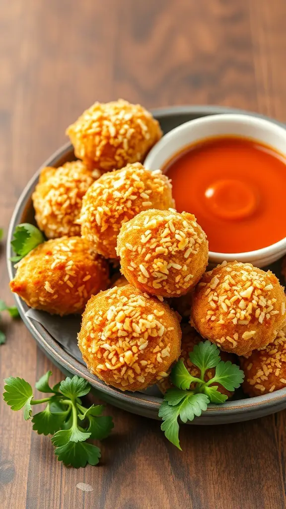 A plate of coconut chicken bites with sweet chili sauce