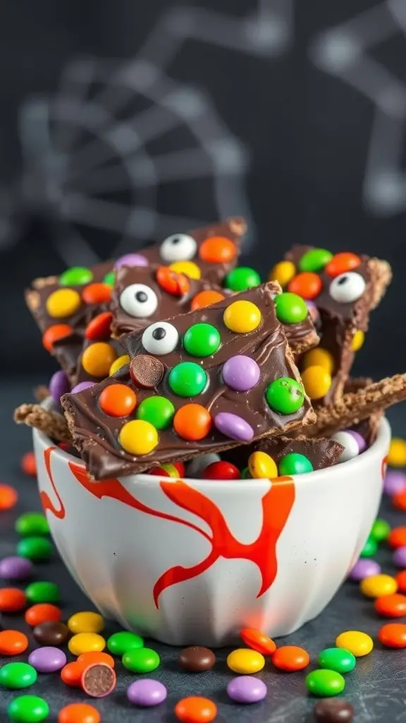 Bowl of Monster Mash Cracker Bark with colorful candies and candy eyes
