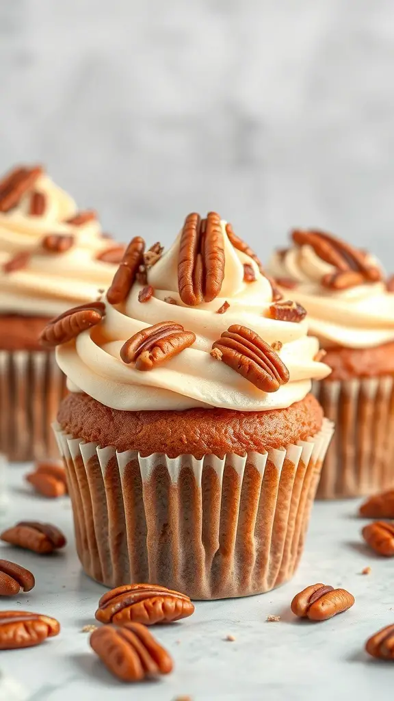 Pecan pie cupcakes topped with frosting and pecans