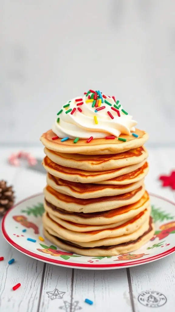 A stack of fluffy pancakes topped with whipped cream and colorful sprinkles on a festive plate.