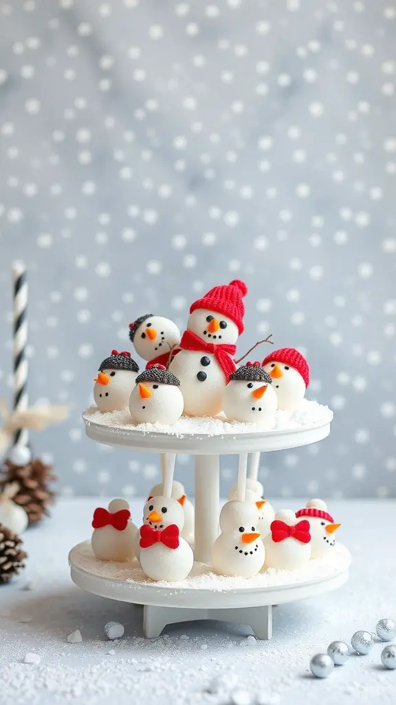 A display of mini snowman cake pops, decorated with hats and smiles, on a tiered stand.