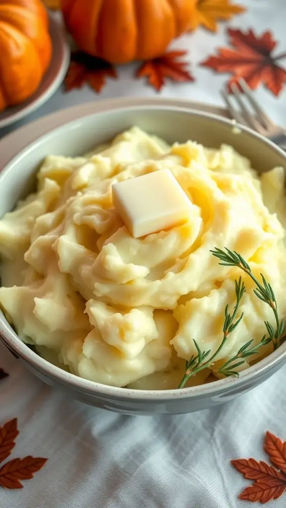 A bowl of creamy mashed potatoes topped with butter and garnished with a sprig of herbs, surrounded by autumn leaves and pumpkins.