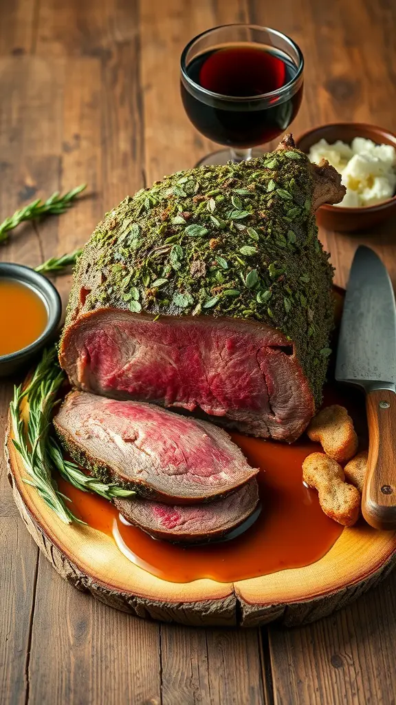 A beautifully cooked herb-crusted prime rib on a wooden platter with a glass of red wine and sides.