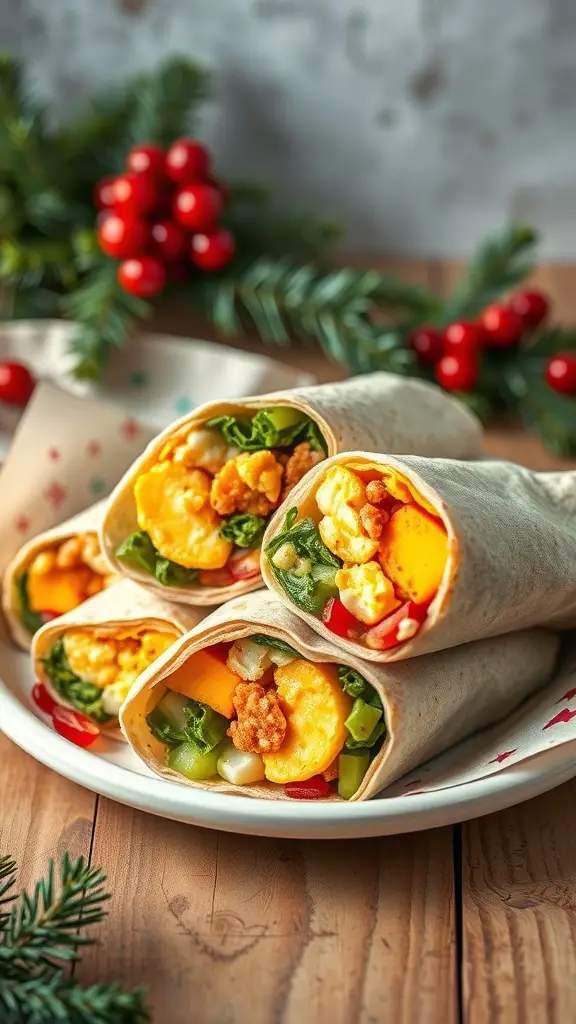 A plate of holiday breakfast burritos filled with eggs, vegetables, and garnished with festive decorations.
