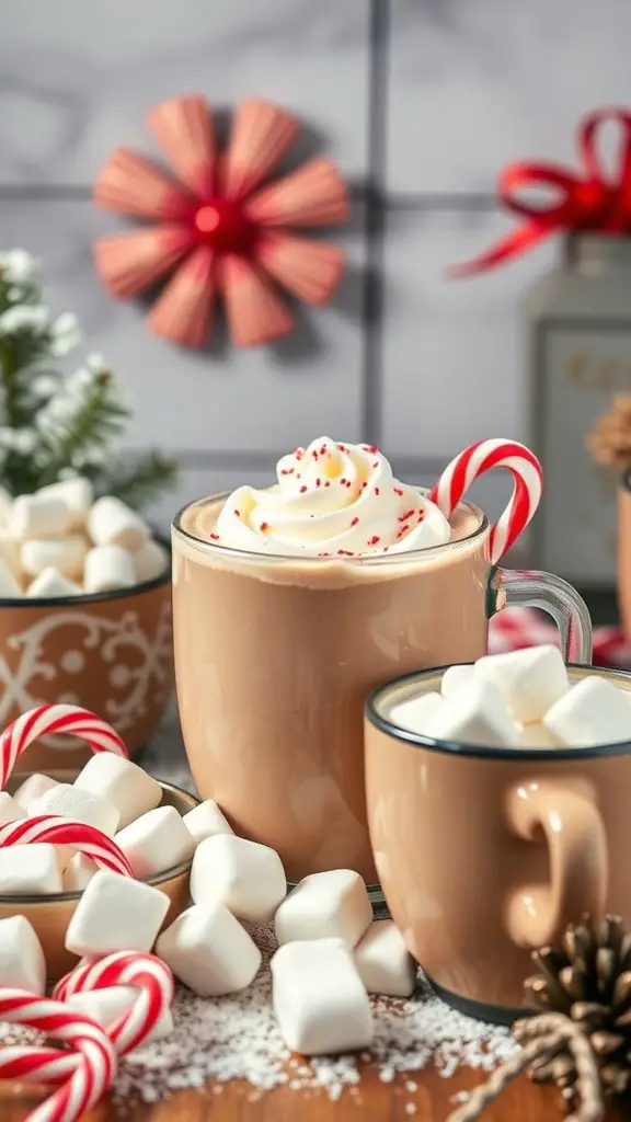 A festive hot chocolate bar featuring mugs of hot chocolate topped with whipped cream, candy canes, and marshmallows.