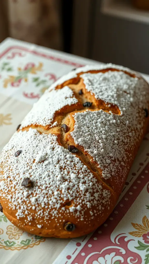 A loaf of raisin cinnamon bread dusted with powdered sugar, resting on a decorative tablecloth.