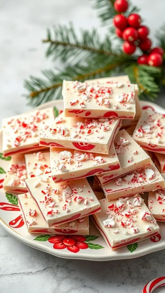 A plate of peppermint bark squares decorated with crushed candy canes and a festive background.