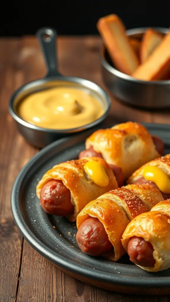 A plate of pigs in a blanket with mustard and dipping sticks on the side.