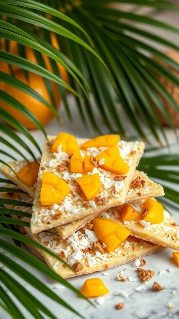 A stack of Mango Coconut Candy Bark topped with fresh mango pieces and shredded coconut, surrounded by tropical leaves.