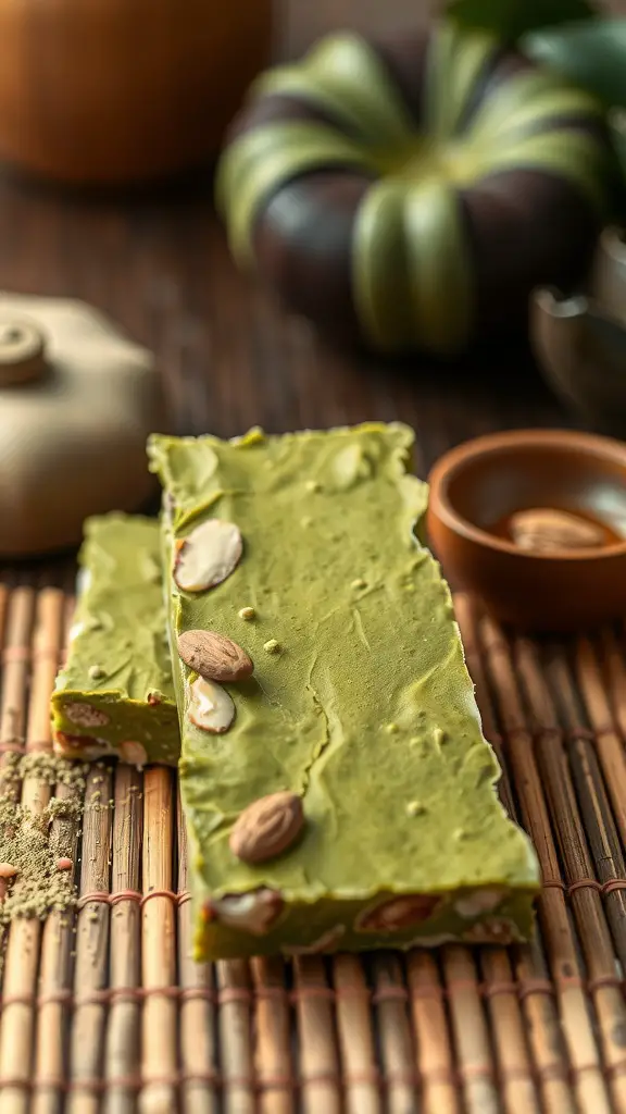 Matcha Green Tea Almond Bark on a bamboo mat with almonds and decorative items in the background.