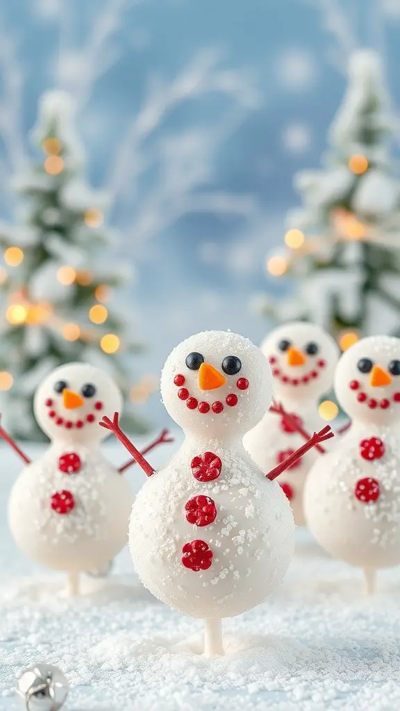 A group of snowman cake pops decorated with edible glitter, set against a snowy background.