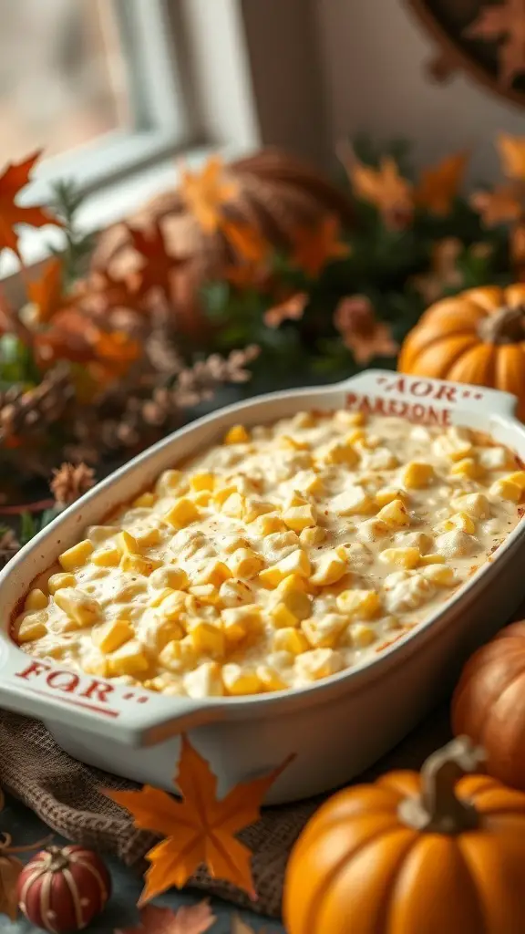 A creamy corn casserole topped with diced corn, surrounded by autumn decorations.