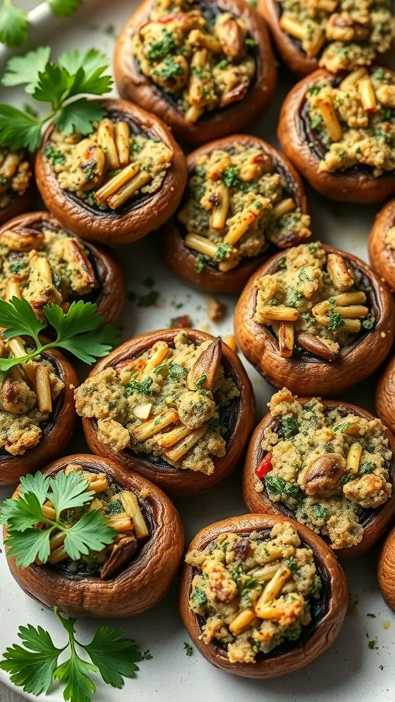 A platter of savory stuffed mushrooms filled with a flavorful mixture, garnished with parsley.