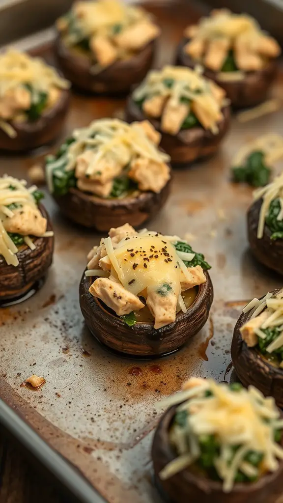 Chicken and spinach stuffed mushrooms on a baking tray, topped with melted cheese.