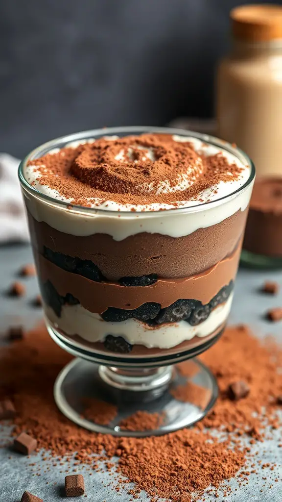 A layered dark chocolate tiramisu in a glass dish, topped with cocoa powder.