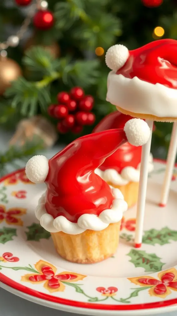 A plate of Santa Hat Cake Pops decorated with red candy melts and white frosting, set against a festive background.