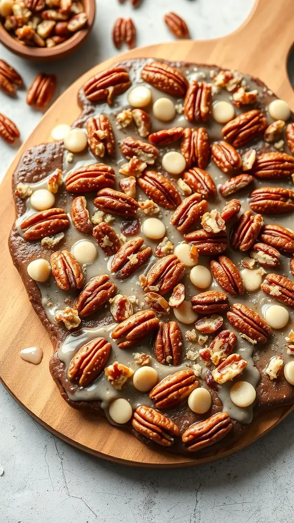 Maple Pecan Pretzel Bark with pecans and white chocolate on a wooden board