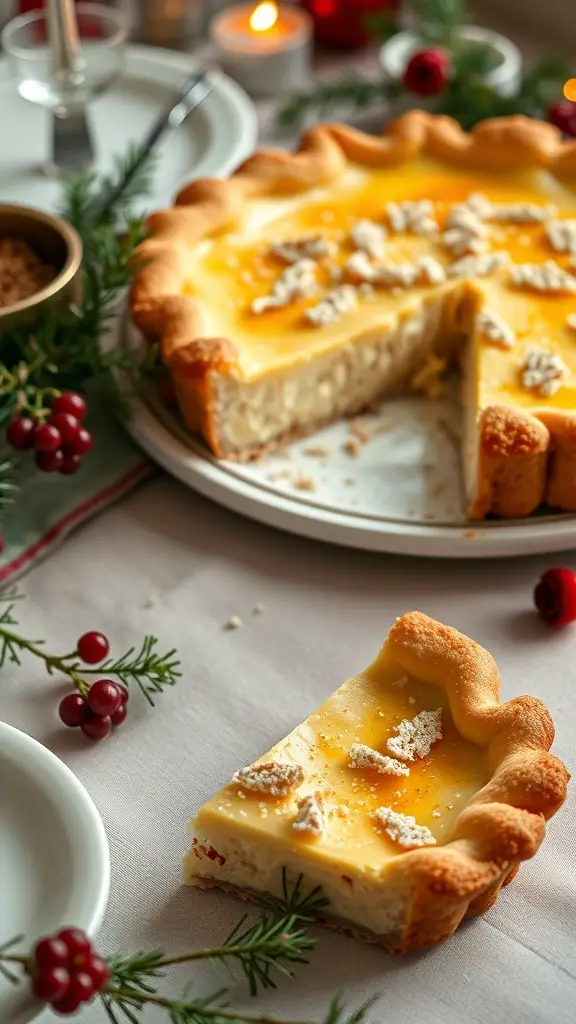 A slice of Crostata di Ricotta, a creamy Italian ricotta pie, with festive decorations around it.