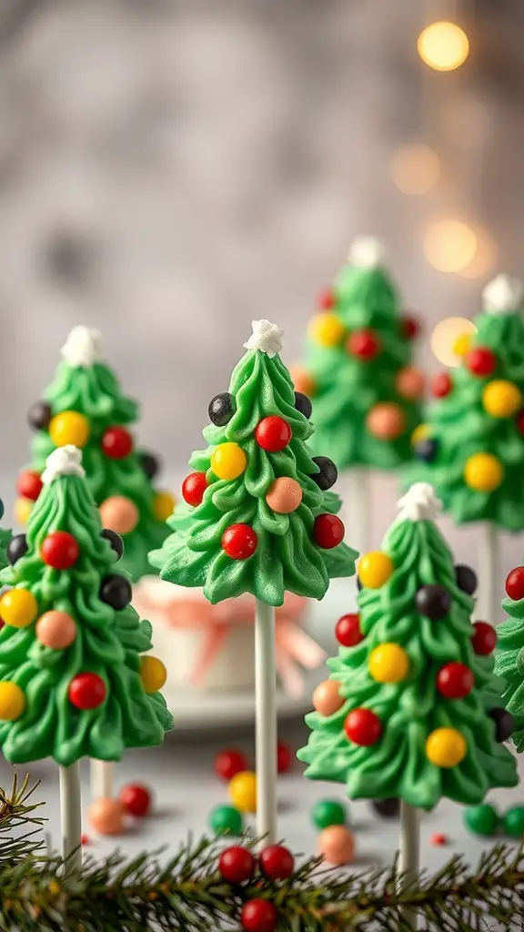 Colorful Christmas tree cake pops decorated with candies