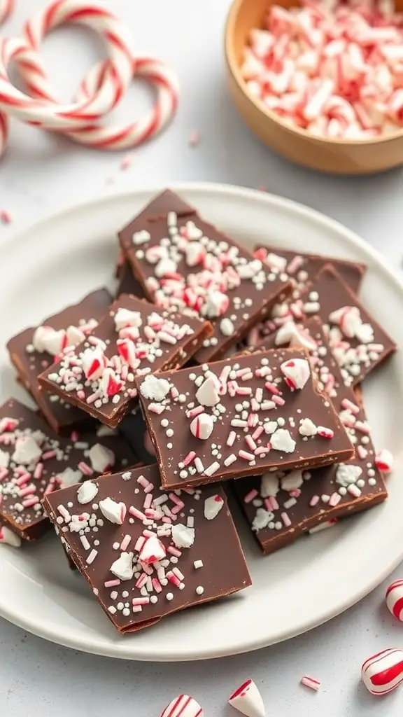 A plate of chocolate peppermint bark topped with crushed peppermint candies.