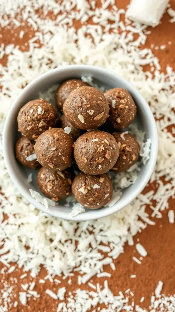 A bowl of chocolate coconut energy bites surrounded by shredded coconut.