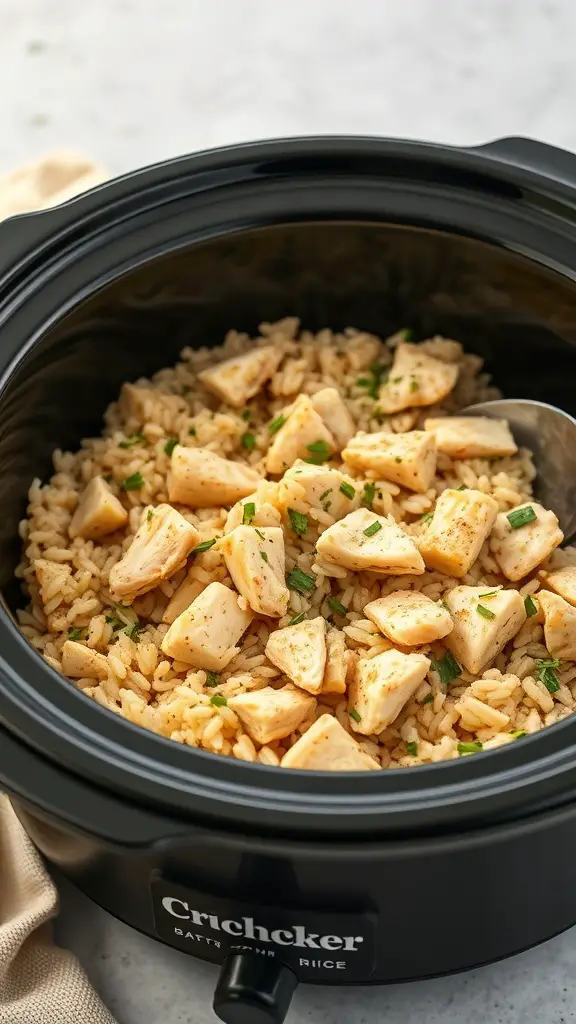 A close-up view of creamy chicken and wild rice casserole in a crockpot, featuring chunks of chicken and fluffy rice.
