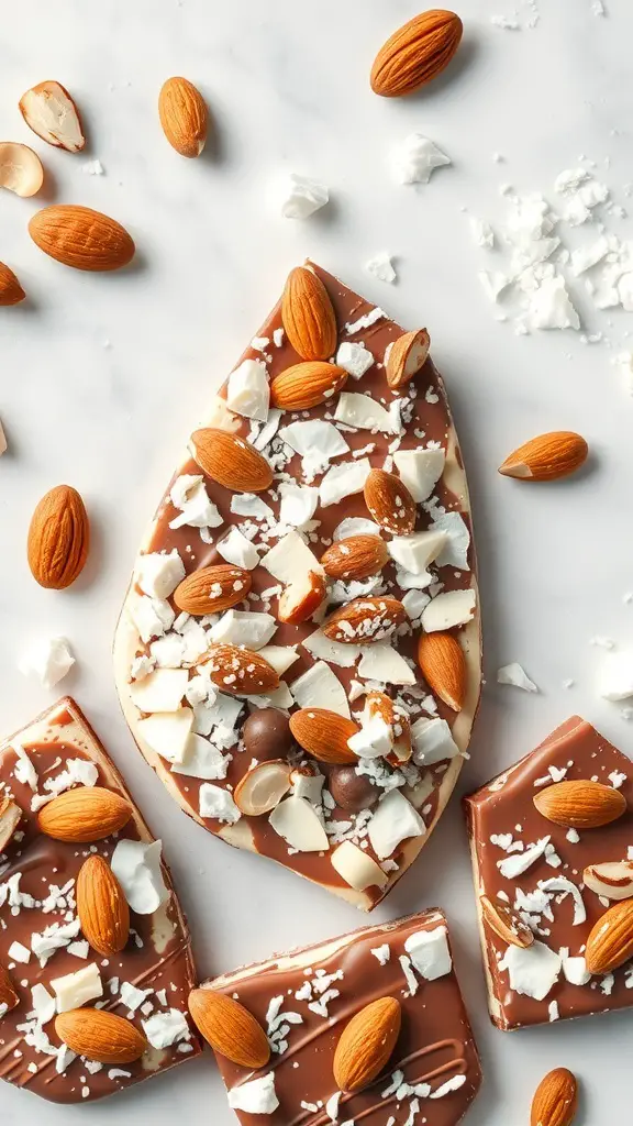 Nutty Almond Joy Bark with chocolate, almonds, and coconut