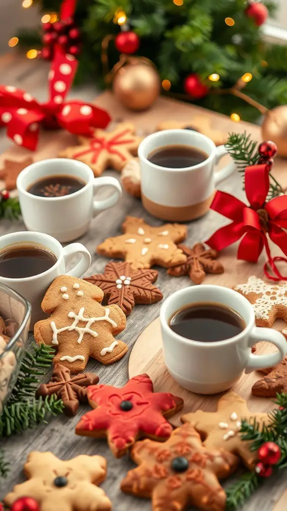 A festive coffee bar with various Christmas cookies and coffee cups, decorated with holiday elements.