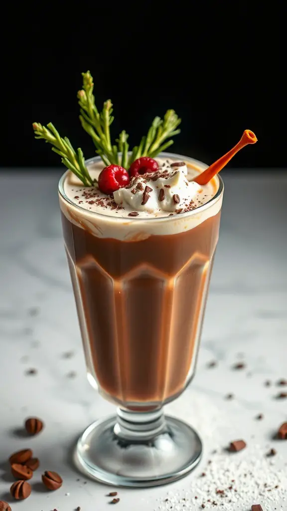 A delicious adult hot chocolate cocktail topped with whipped cream, chocolate shavings, and festive decorations.